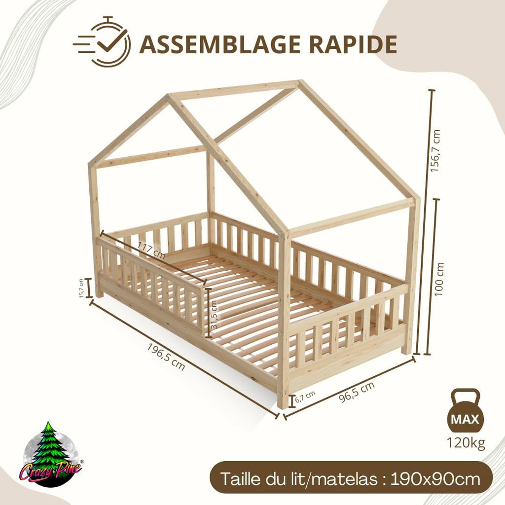 2026 Lit cabane Crazy Pine Crazy House avec tiroirs 190 x 90 cm &ndash; Lit enfant en bois naturel avec barri&egrave;re &ndash; Lit Montessori au sol avec rangement suppl&eacute;mentaire et barri&egrave;re amovible