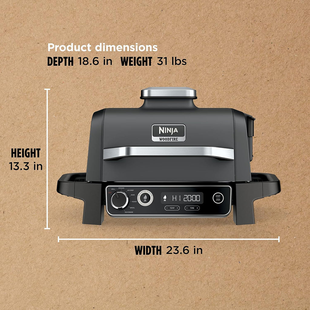 2026 Ninja Woodfire Pro Gril et fumoir 7 en 1 avec thermomètre, friteuse à air, barbecue, pâtisserie, grillades, grillades, barbecue électrique portable pour extérieur, gris