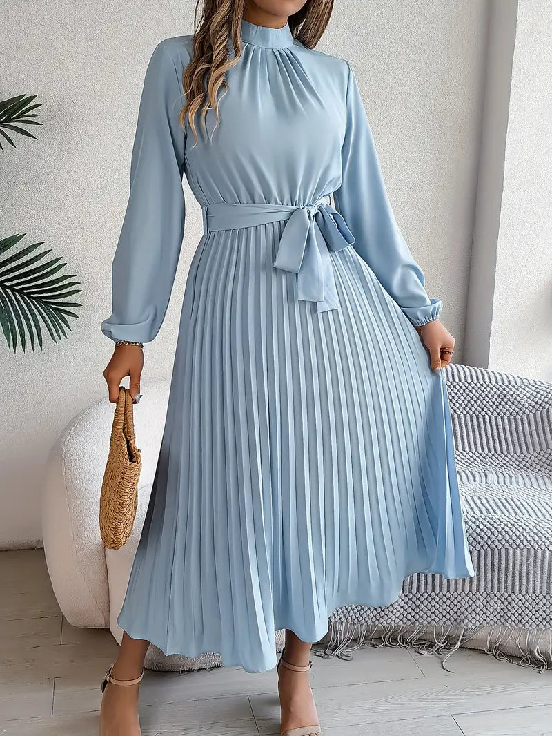 Robe haut de gamme plissé midi ceinturé manches longues pour femme