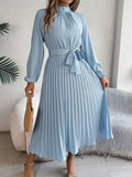 Robe haut de gamme plissé midi ceinturé manches longues pour femme