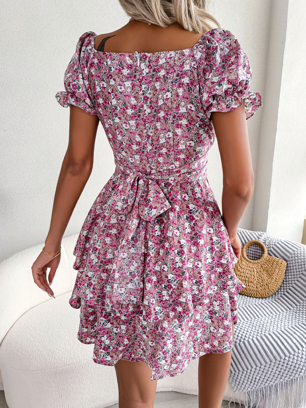 Robe fleuri mini taille haute évasé été décontracté pour femme