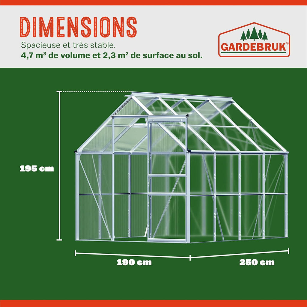 2026 Gardebruk Serre de Jardin en Aluminium 7,63m&sup3; abri ext&eacute;rieur pour Plantes l&eacute;gumes 250x190x195cm avec fen&ecirc;tres