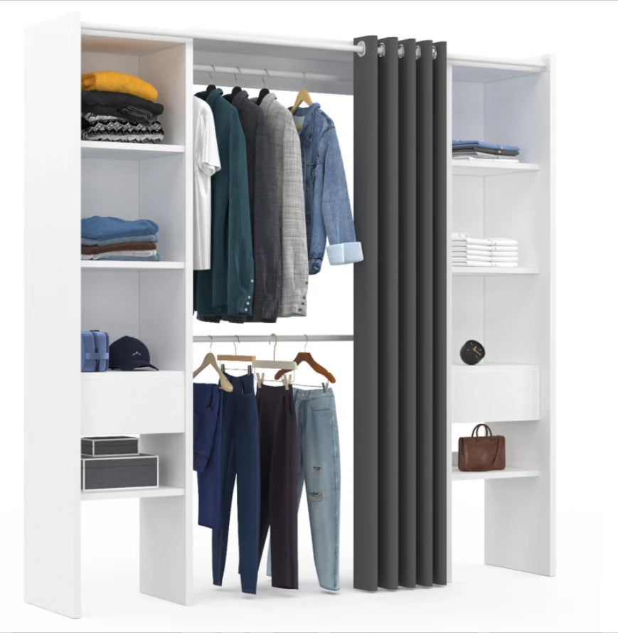 2026 Dressing Extensible Blanc & Gris avec Rideau - tagres - Double Penderie -