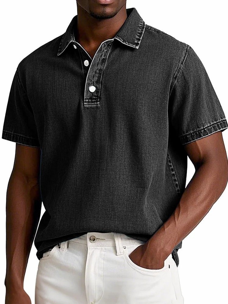 Polo couleur unie vintage manches courtes à revers décontracté pour homme