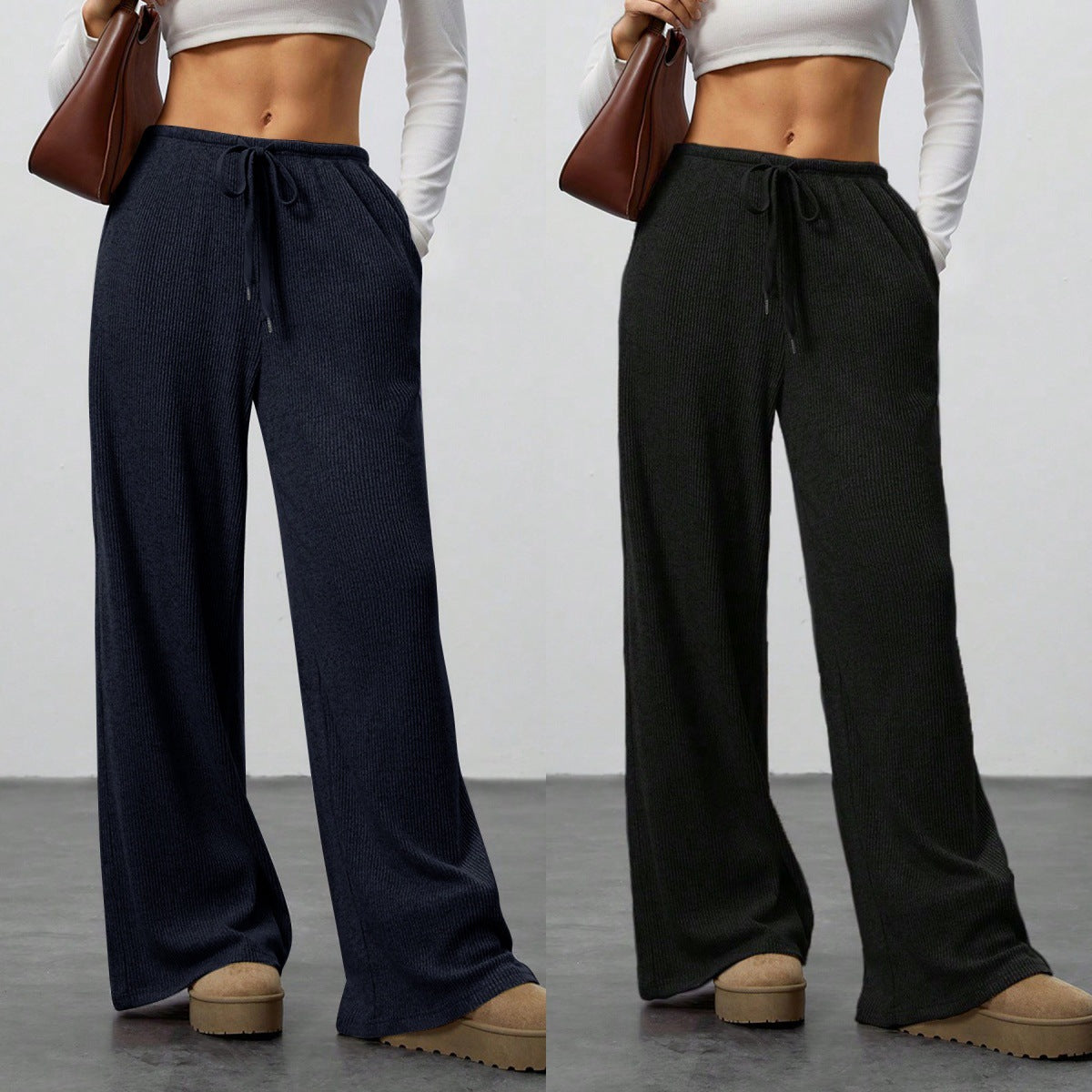 Pantalon couleur unie ample jambes larges à cordon décontracté pour femme