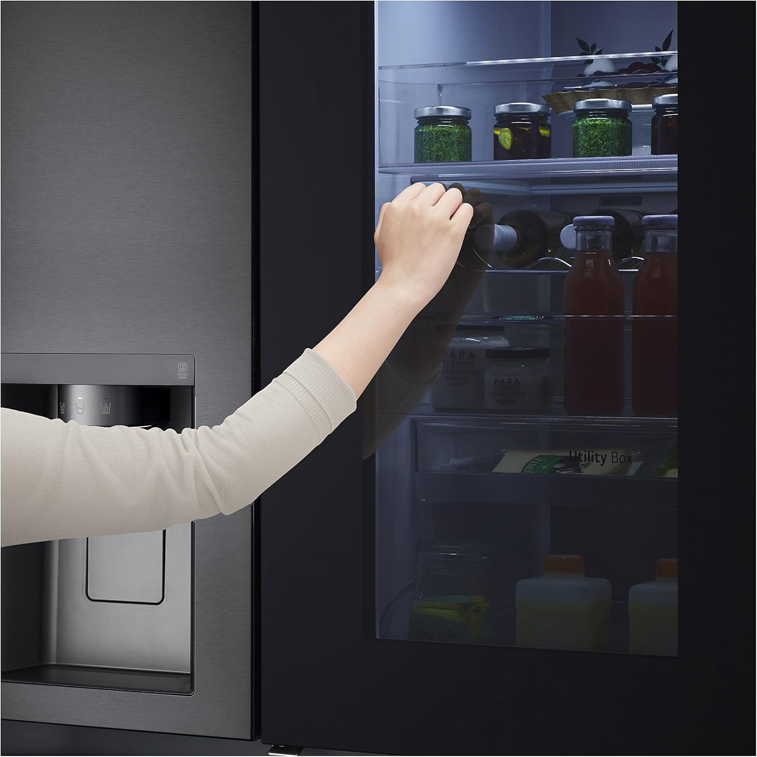2026 LG GSXV91MCAF Réfrigérateur combiné - Side by Side, 635L, InstaView, Total No-Frost, Compartiment congélation, Distributeur d'eau et glace UVnano, Compresseur Inverter Linear, Wi-Fi, Noir, Classe F