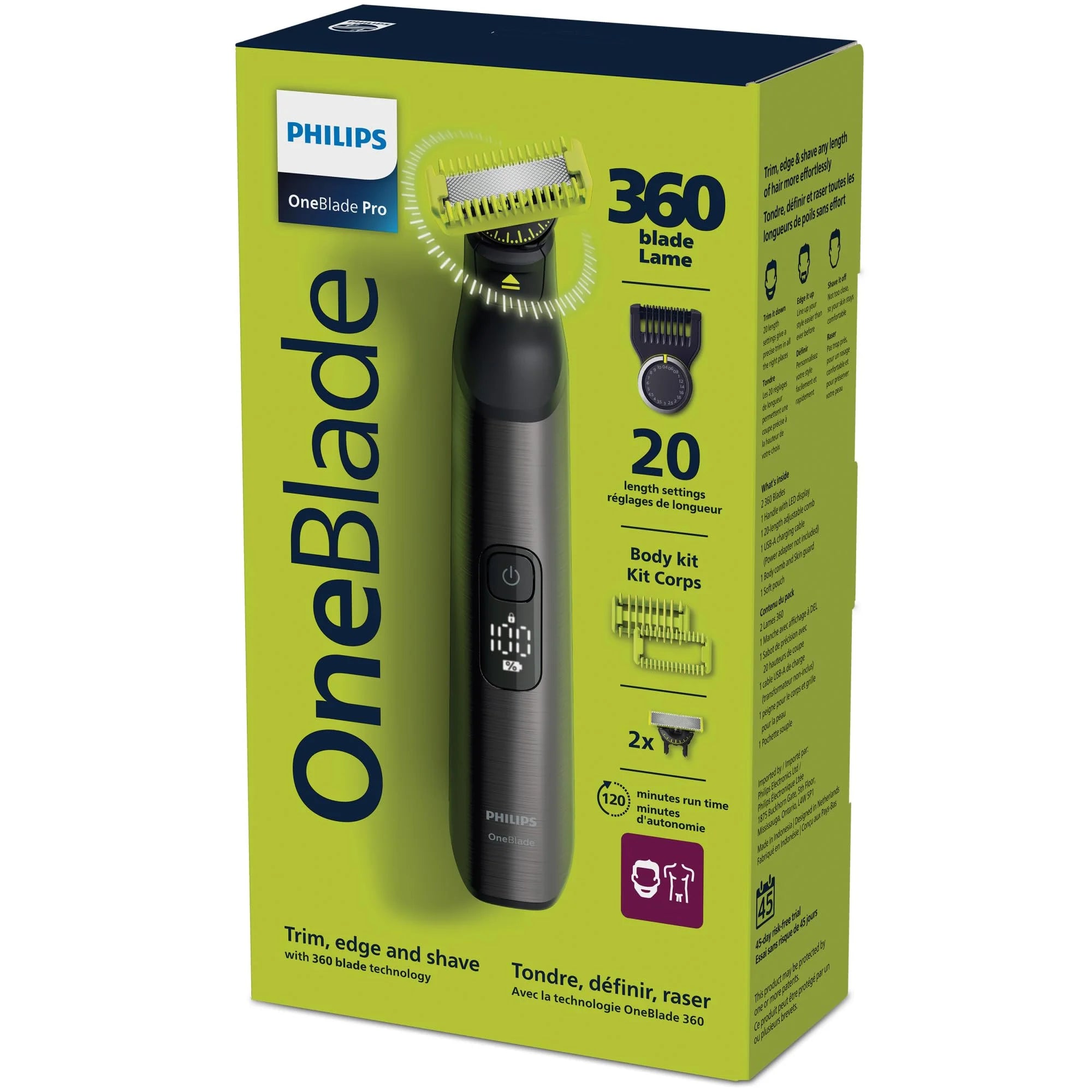 2026 2025 Philips OneBlade 360 Pro, Wet & Dry, coupe, contourne et rase avec le peigne de précision 20 longueurs et l'affichage LED, QP6552/15