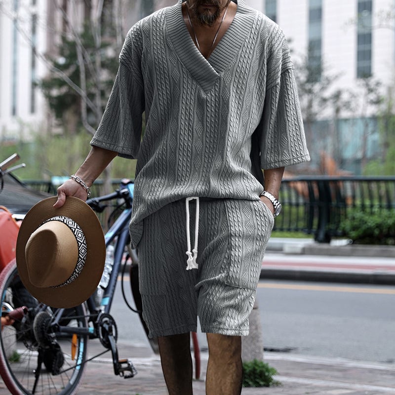 2026 Men's Casual Jacquard Summer Two-Piece V-Neck Shorts Set