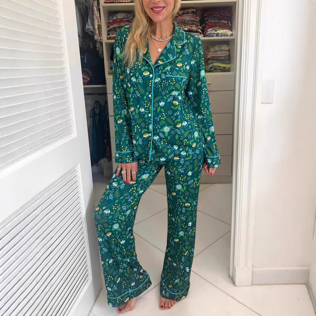 Ensemble automne fleuri confortable deux pièces pyjama homewear décontracté pour femme