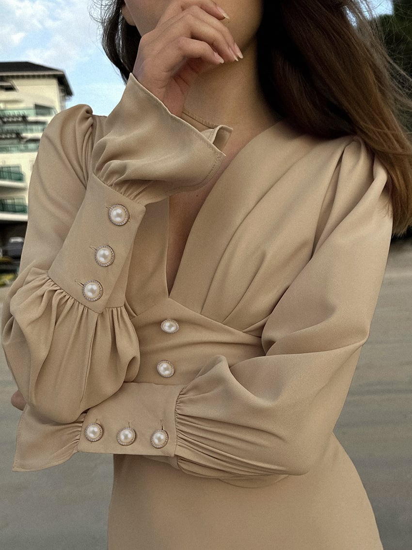 Robe col V coupe ajustée élégant français chiffon midi pour femme