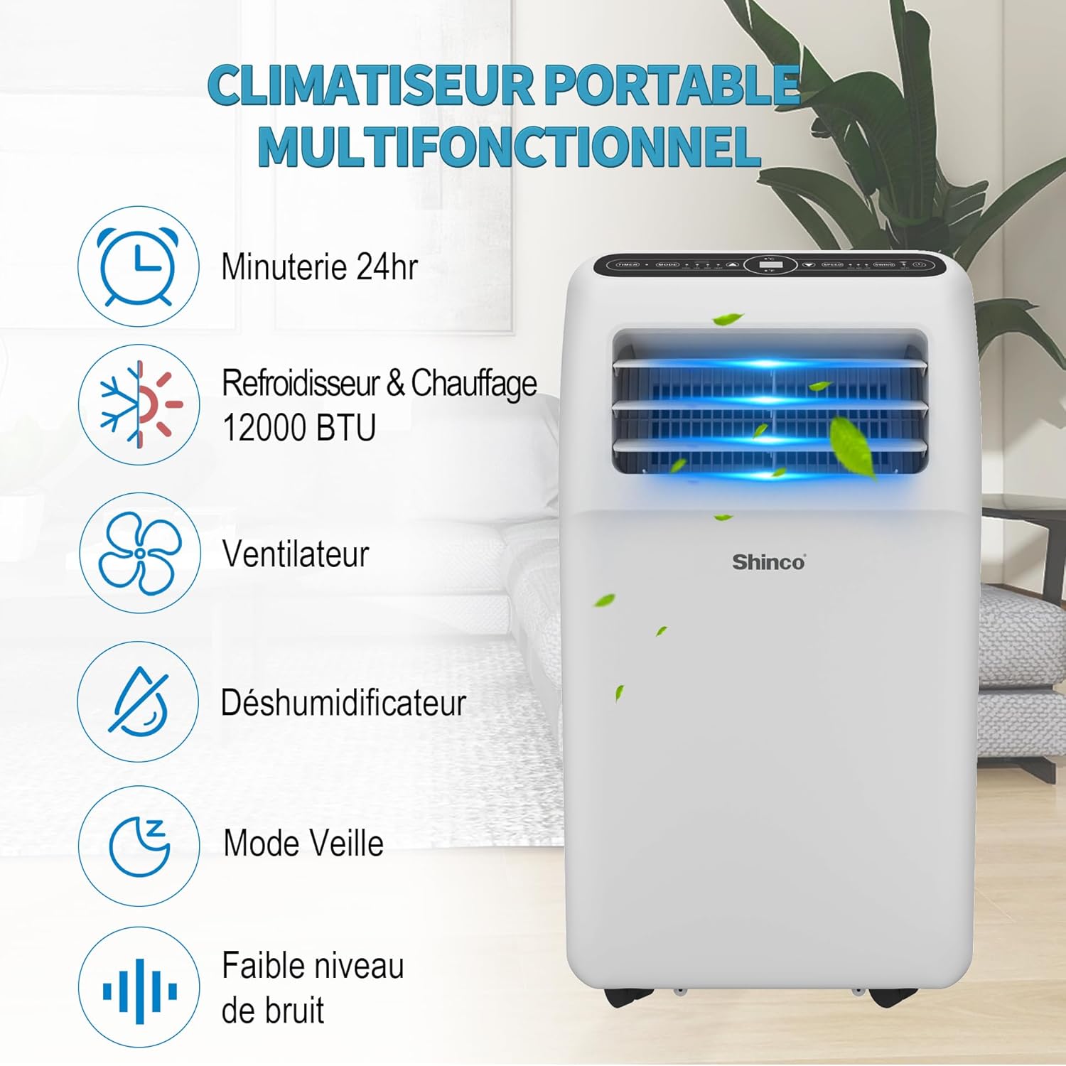 2026 SHINCO Climatiseur mobile, 7000 BTU 2,05kW, Refroidir&Ventilation&Déshumidification, taille de la pièce jusqu'à 54m³(18㎡), Climatiseur mobile avec tuyau d'évacuation et tuyau de vidange, mode sommeil