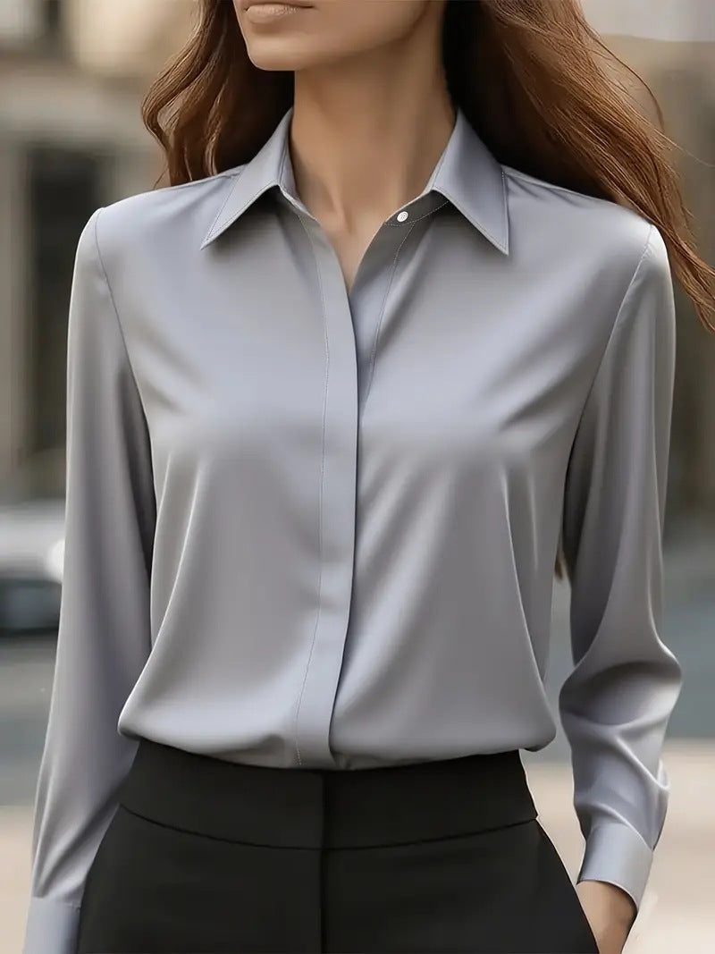 Chemisier tailleur satin à revers manches longues habillé bureau pour femme