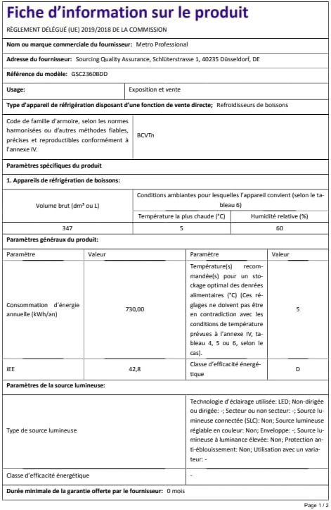 2026 METRO Professional Réfrigérateur à Boissons GSC2360B, Acier/Verre, 62 x 63.6 x 175.3 cm, 347 L, avec Serrure, Noir