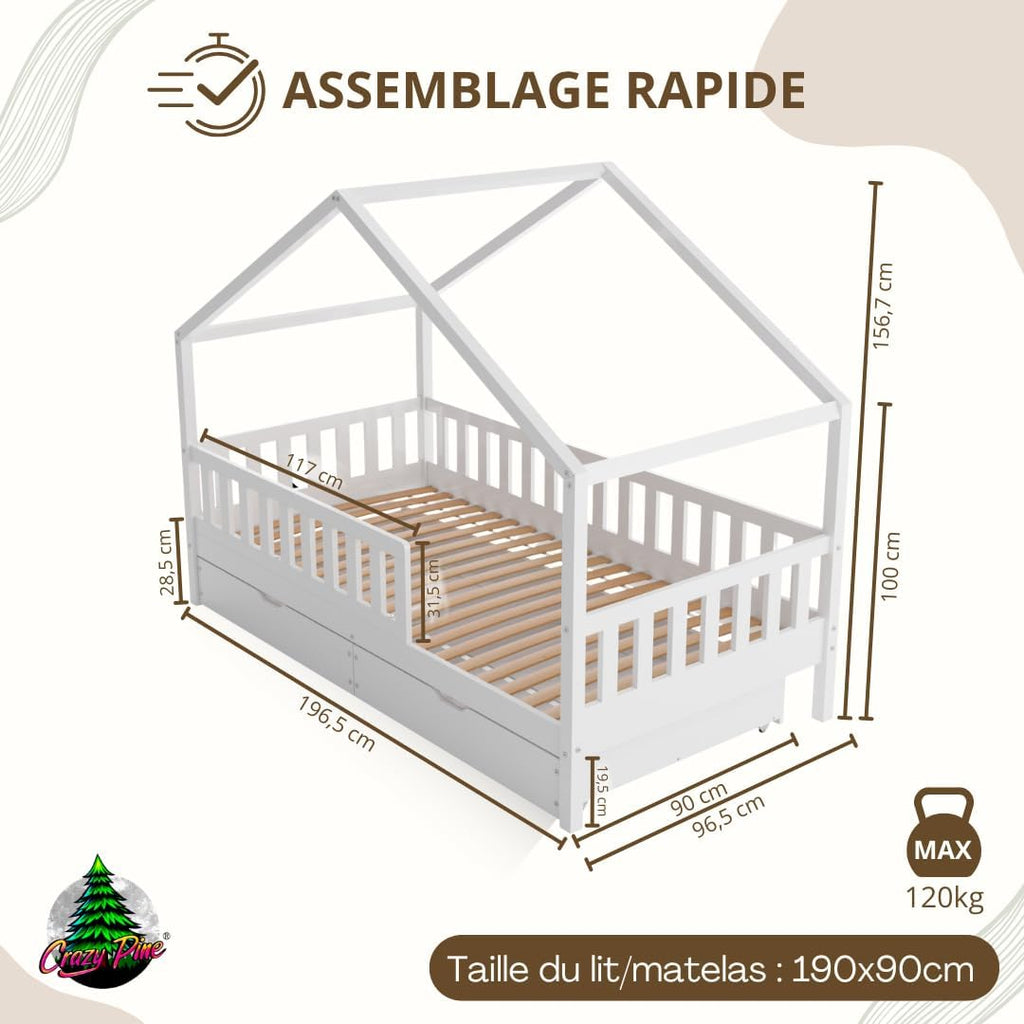 2026 Lit cabane Crazy Pine Crazy House avec tiroirs 190 x 90 cm &ndash; Lit enfant en bois naturel avec barri&egrave;re &ndash; Lit Montessori au sol avec rangement suppl&eacute;mentaire et barri&egrave;re amovible