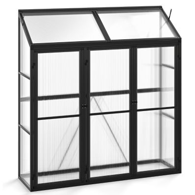 2026 Serre de Jardin Extérieure en Aluminium Serre Mini Walk-in avec Lucarne et 3 Portes Fermables Plaques PC Résistantes au Soleil Noir