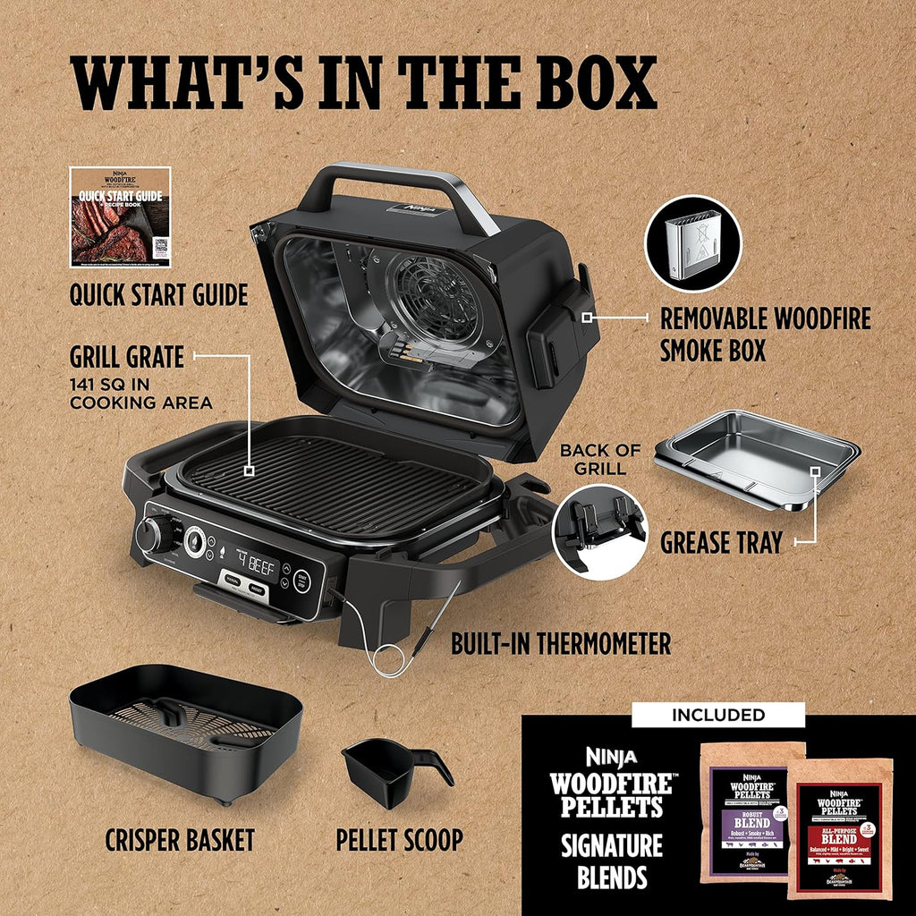 2026 Ninja Woodfire Pro Gril et fumoir 7 en 1 avec thermomètre, friteuse à air, barbecue, pâtisserie, grillades, grillades, barbecue électrique portable pour extérieur, gris