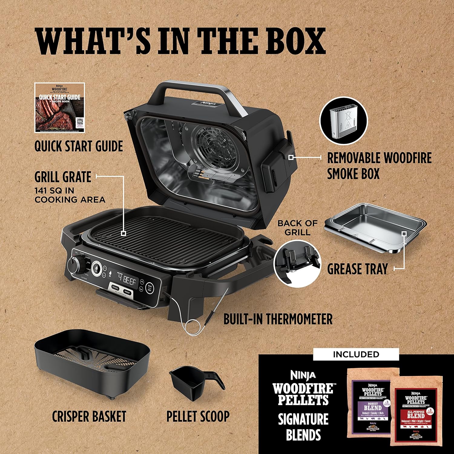 2026 Ninja Woodfire Pro Gril et fumoir 7 en 1 avec thermomètre, friteuse à air, barbecue, pâtisserie, grillades, grillades, barbecue électrique portable pour extérieur, gris