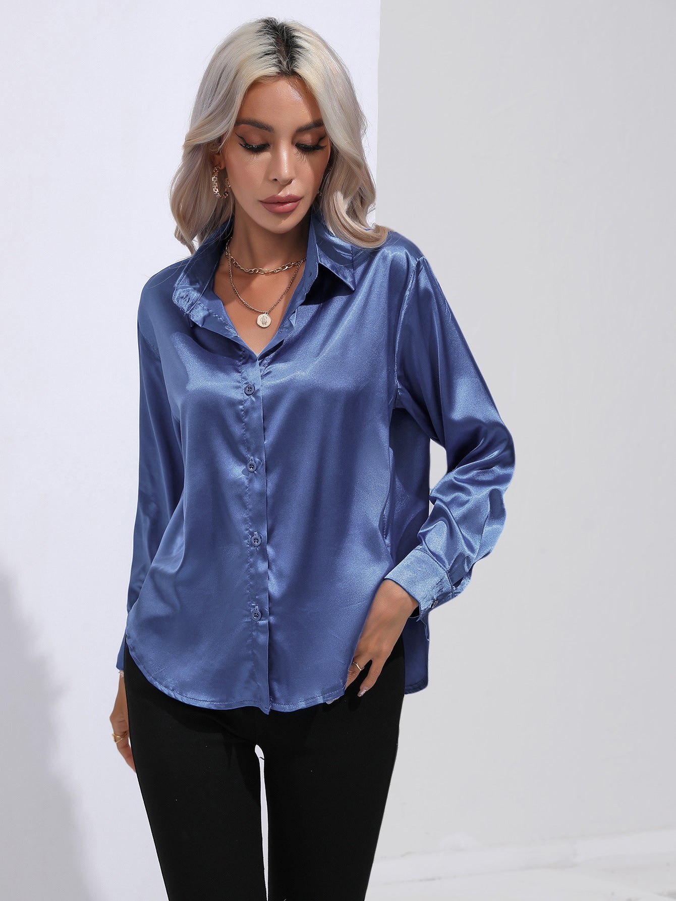 Women's Premium Satin Solid Color Button Front Lapel Blouse Shirt - LAKD London