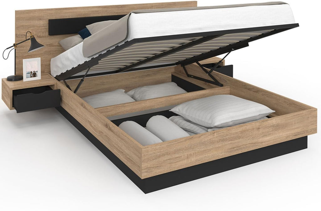 2026 Lit Coffre Santa avec Tables de chevets intégrées et sommier 140x190cm Couleur Bois et Noir