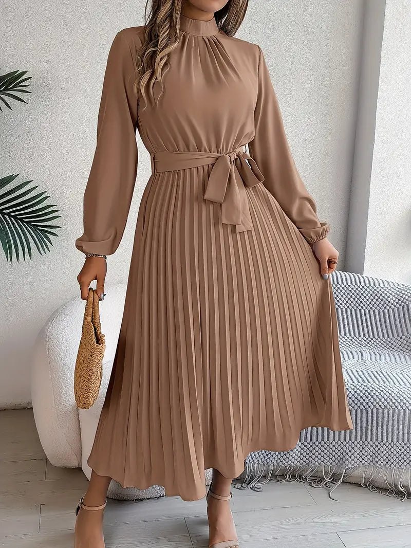 Robe haut de gamme plissé midi ceinturé manches longues pour femme