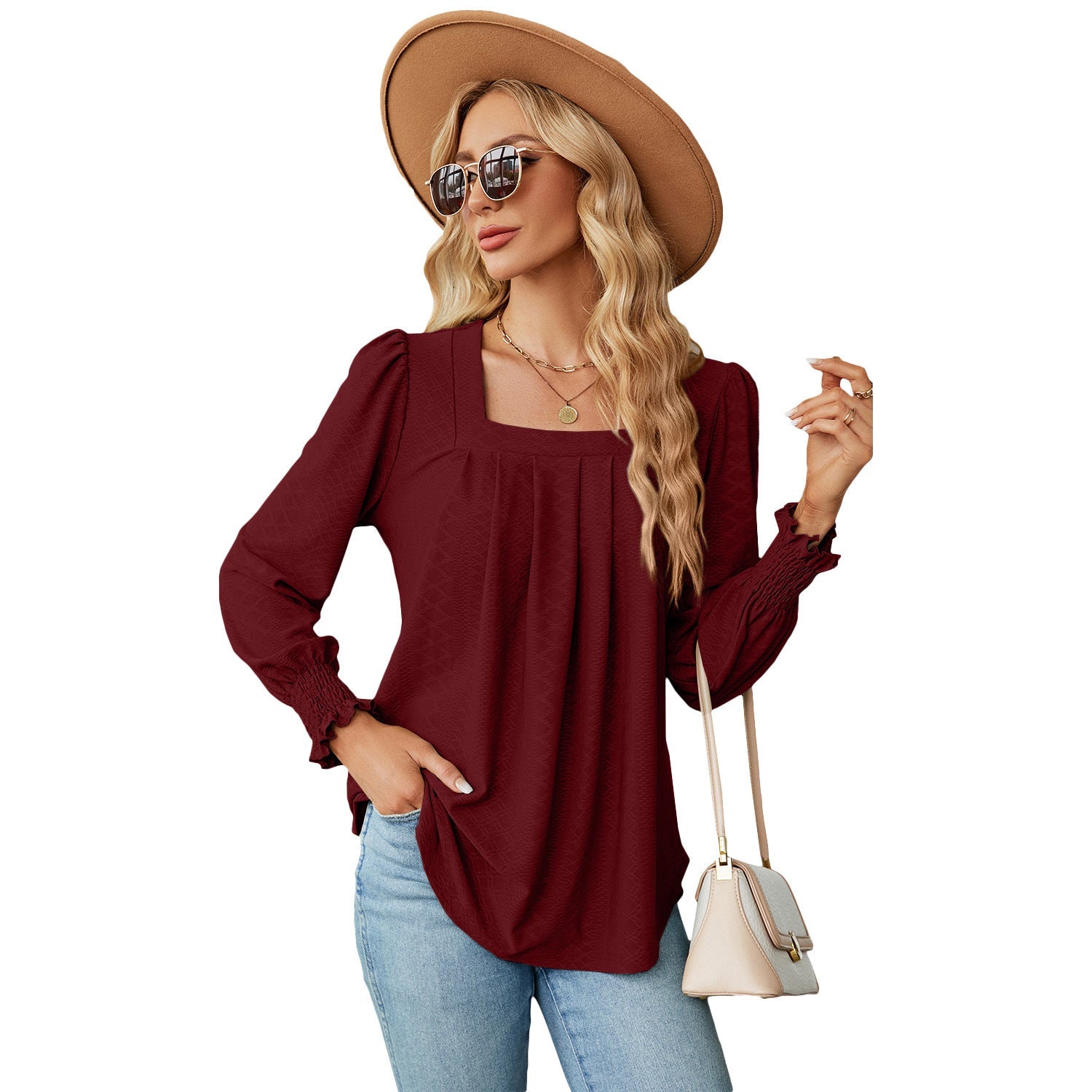 Women's Jacquard Pleated Solid Colour Long Sleeve Pullover Top Casual - LAKD London