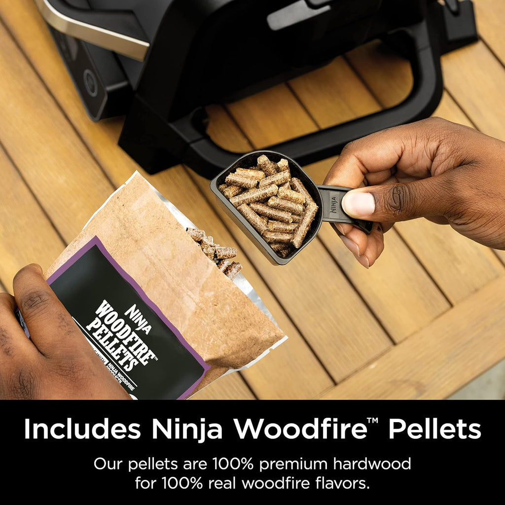 2026 Ninja Woodfire Pro Gril et fumoir 7 en 1 avec thermomètre, friteuse à air, barbecue, pâtisserie, grillades, grillades, barbecue électrique portable pour extérieur, gris