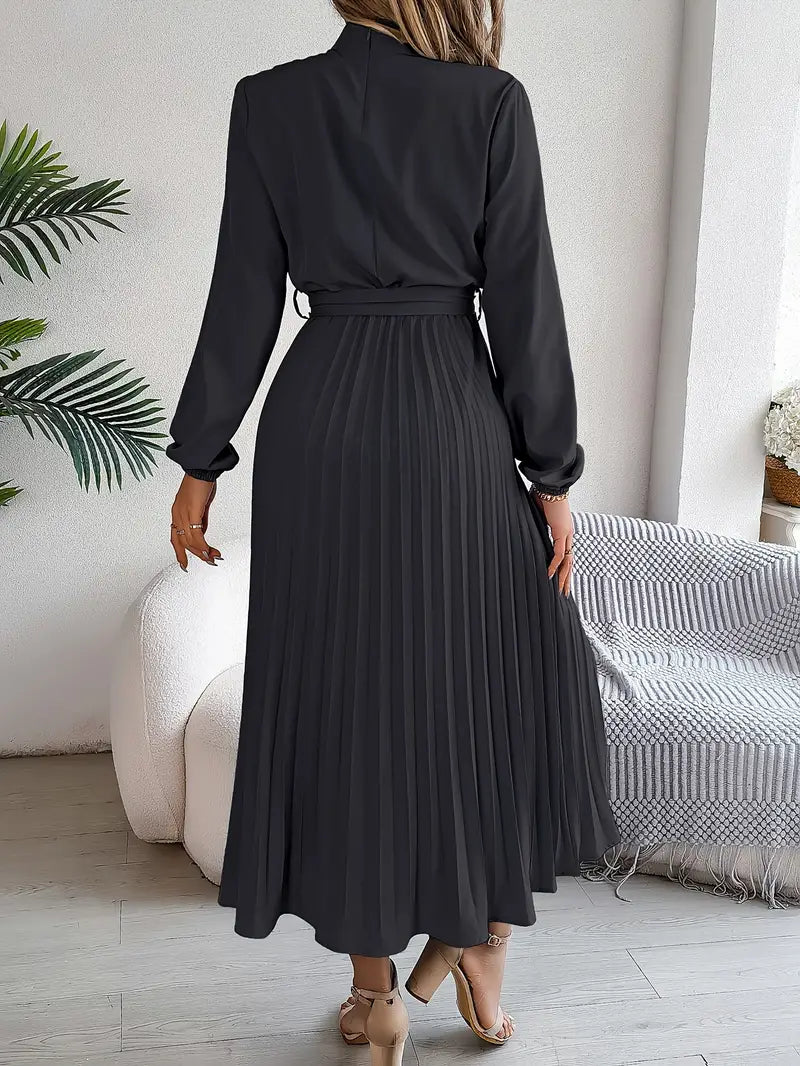 Robe haut de gamme plissé midi ceinturé manches longues pour femme