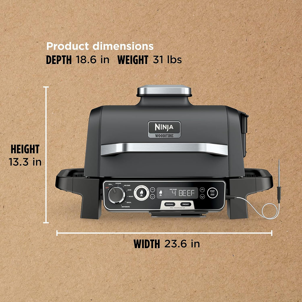 2026 Ninja Woodfire Pro Gril et fumoir 7 en 1 avec thermomètre, friteuse à air, barbecue, pâtisserie, grillades, grillades, barbecue électrique portable pour extérieur, gris