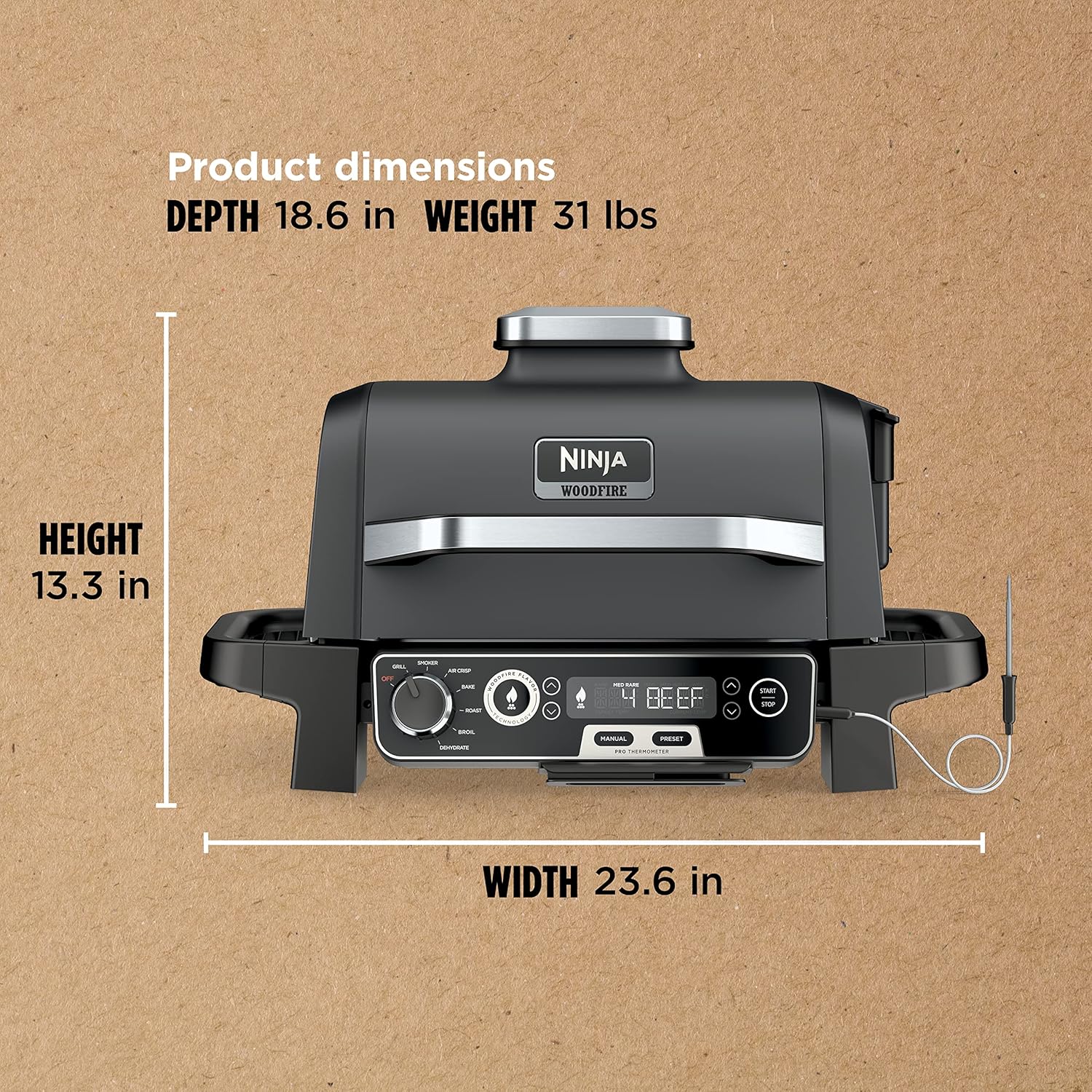 2026 Ninja Woodfire Pro Gril et fumoir 7 en 1 avec thermomètre, friteuse à air, barbecue, pâtisserie, grillades, grillades, barbecue électrique portable pour extérieur, gris