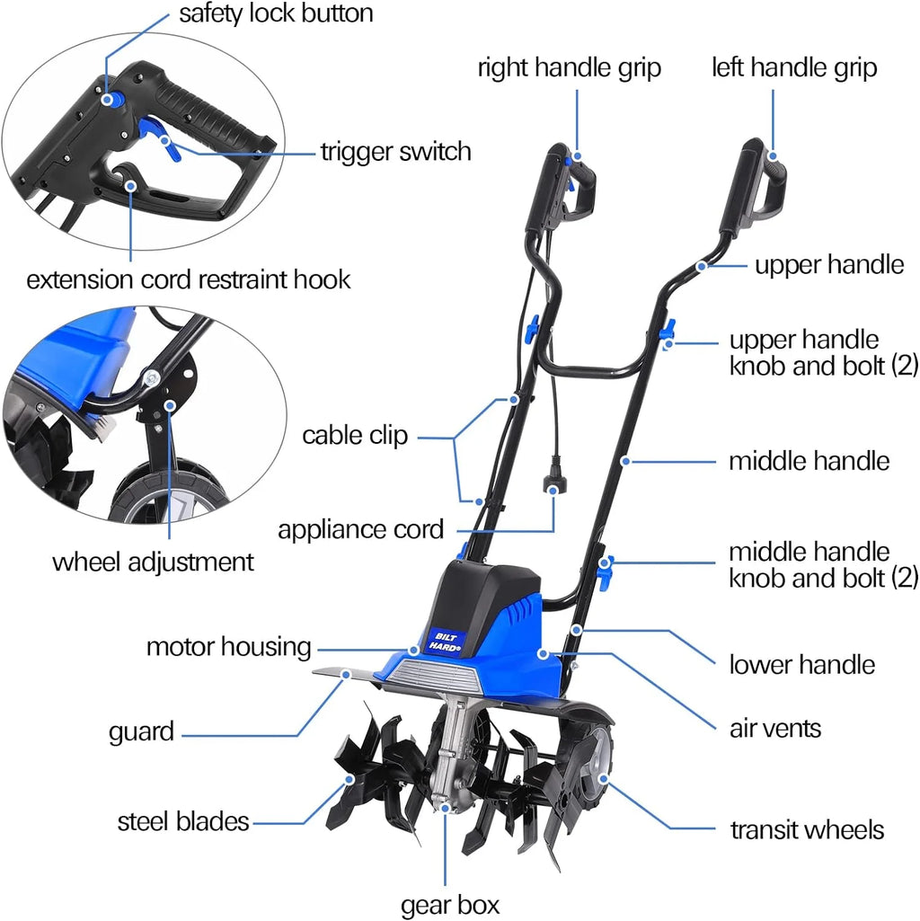 2026 Motoculteur électrique BILT HARD 16 pouces, 13,5 A, 6 dents en acier, avec roues réglables