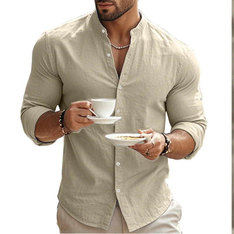 2026 Men's Casual Cotton Standing Collar Long Sleeve Summer Shirt Breathable