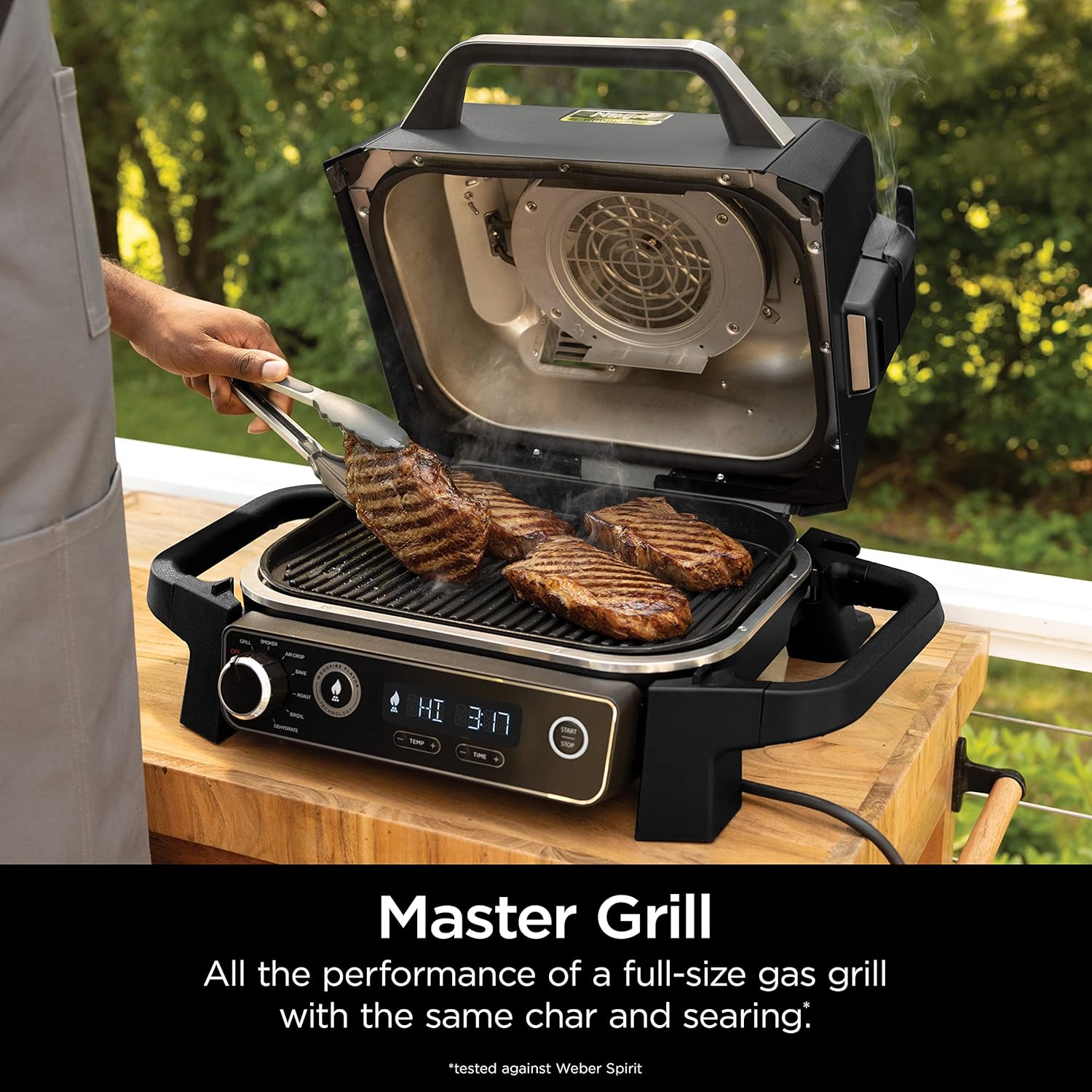 2026 Ninja Woodfire Pro Gril et fumoir 7 en 1 avec thermomètre, friteuse à air, barbecue, pâtisserie, grillades, grillades, barbecue électrique portable pour extérieur, gris