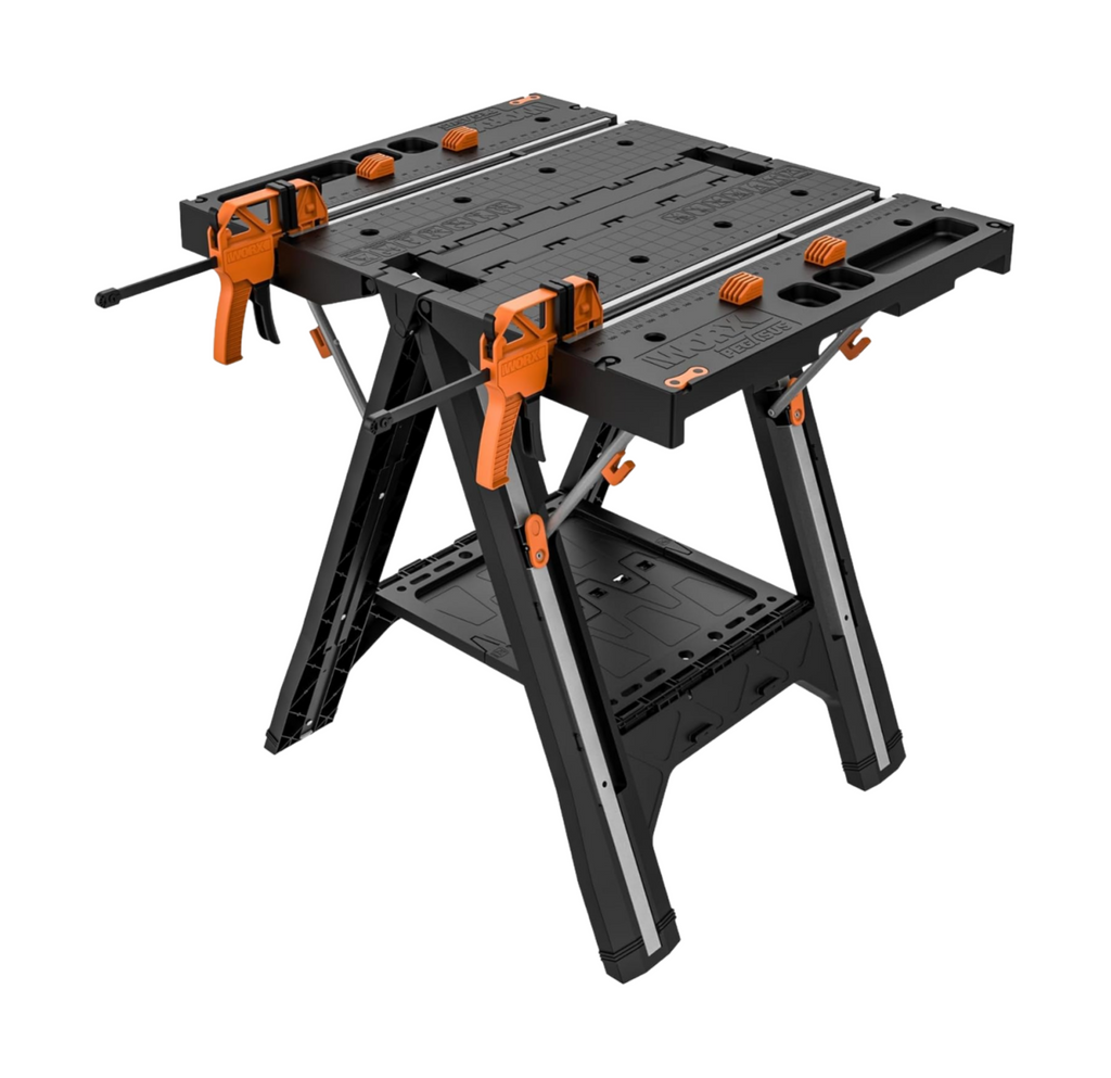 2026 2025 Table de Travail et Chevalet Pliant 2-en-1 Worx Pegasus, Banc de Travail Portable Facile à Installer, 31" L x 25" P x 32" H, Léger avec Haute Capacité de Charge, WX051 - Inclut 2 Serres et 4 Brides