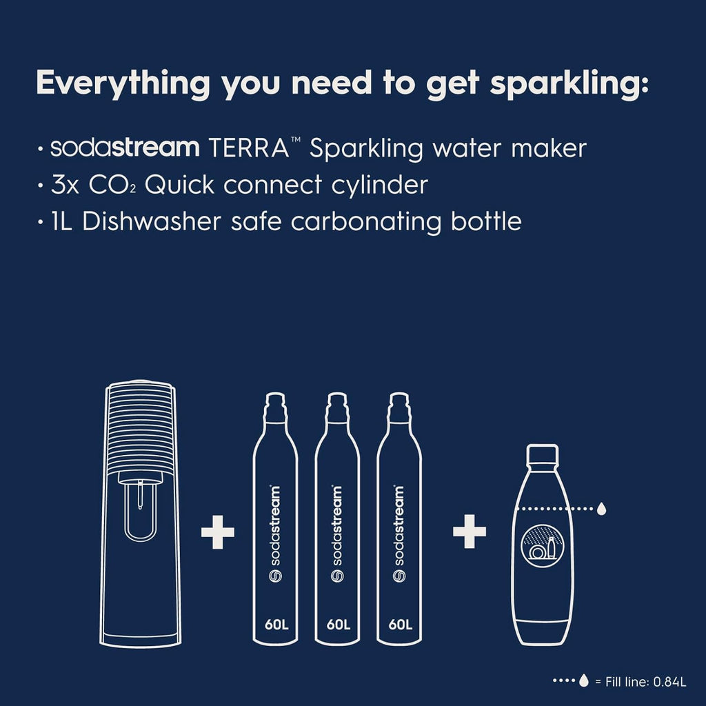 2026 2025 SodaStream Terra Machine à Eau Pétillante Bundle (Noir), avec CO2, Bouteilles Compatibles Lave-Vaisselle et Arômes Bubly Drops