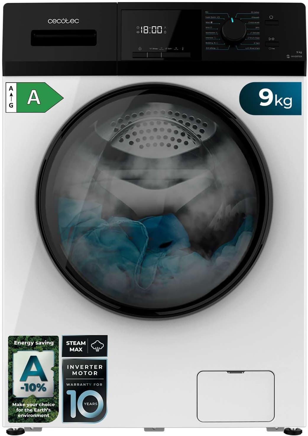 2026 Cecotec Lave-Linge 9Kg Chargement Frontal Bolero Dresscode 9410 Inverter A. 1900W, 1400 tr/min Réglable, 16 Programmes, Faible Consommation d'Énergie, Vapeur, Stérilisation du Linge