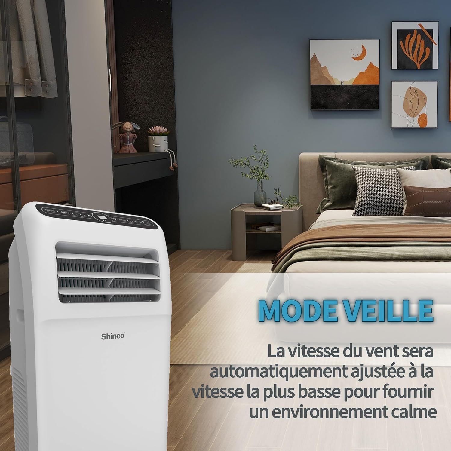2026 SHINCO Climatiseur mobile, 7000 BTU 2,05kW, Refroidir&Ventilation&Déshumidification, taille de la pièce jusqu'à 54m³(18㎡), Climatiseur mobile avec tuyau d'évacuation et tuyau de vidange, mode sommeil
