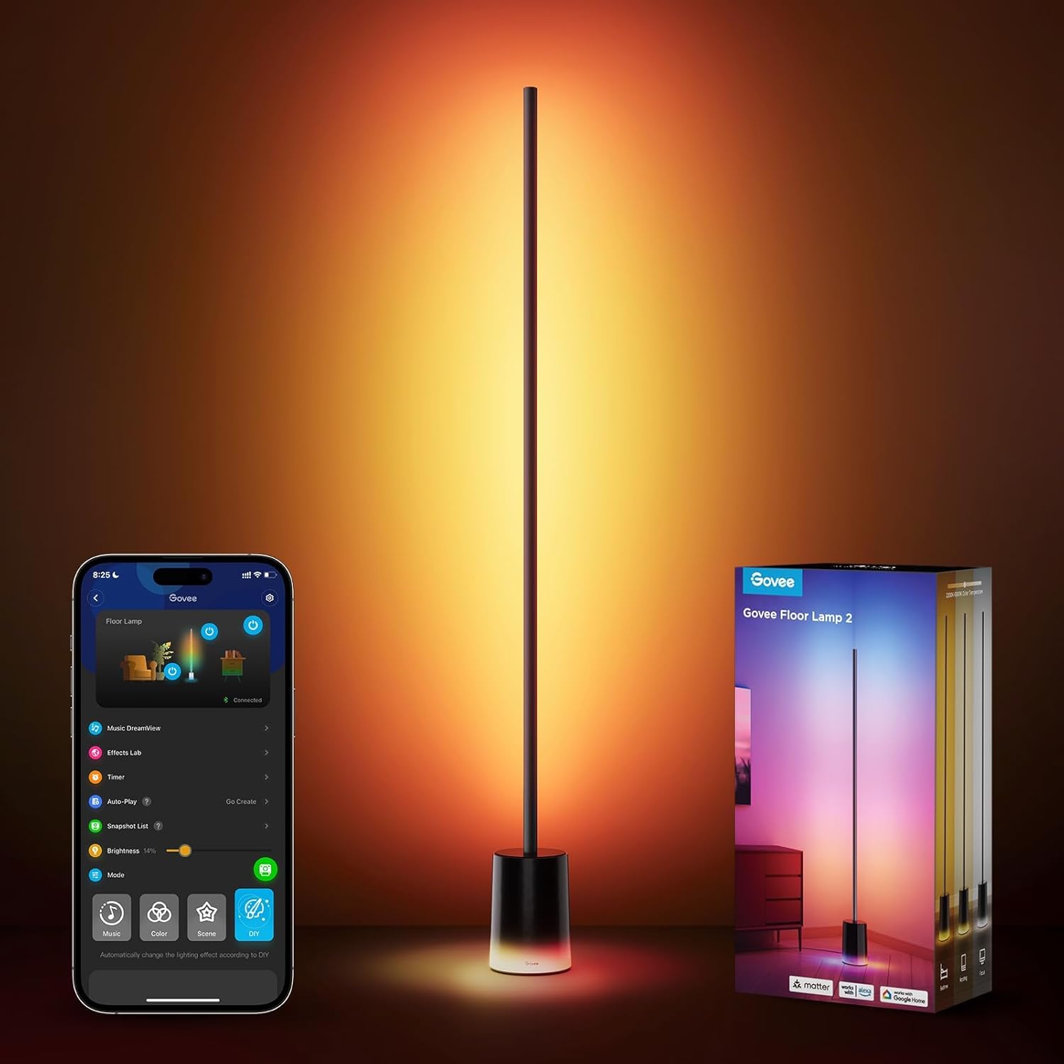 2026 2025 Lampadaire Govee 2 avec Matter, LED RGBIC, Blanc Chaud et Froid, Compatible Alexa, 1725 lm, Synchronisation Musique, Modes Scènes, Lampadaire Intelligent pour Salon et Chambre, Noir (1 Pièce)