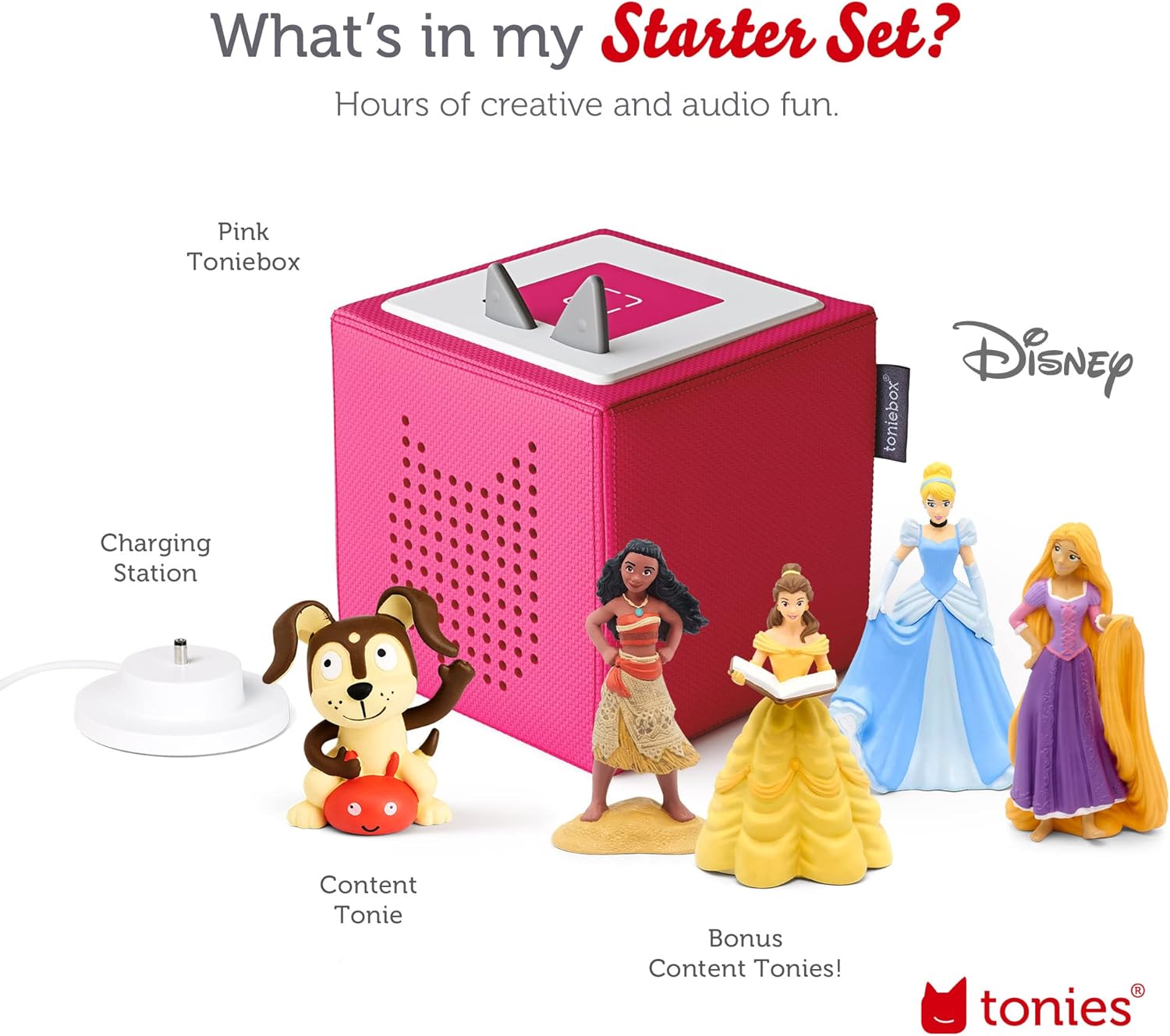 2026 2025 Toniebox Starter Set Audio avec Cendrillon, Belle, Vaiana, Raiponce et Playtime Puppy - Écoutez, Apprenez et Jouez avec une Petite Boîte Câline - Rose