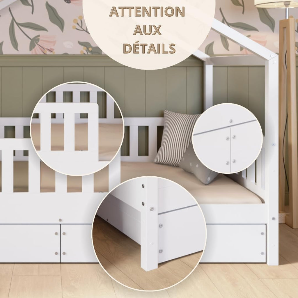 2026 Lit cabane Crazy Pine Crazy House avec tiroirs 190 x 90 cm &ndash; Lit enfant en bois naturel avec barri&egrave;re &ndash; Lit Montessori au sol avec rangement suppl&eacute;mentaire et barri&egrave;re amovible