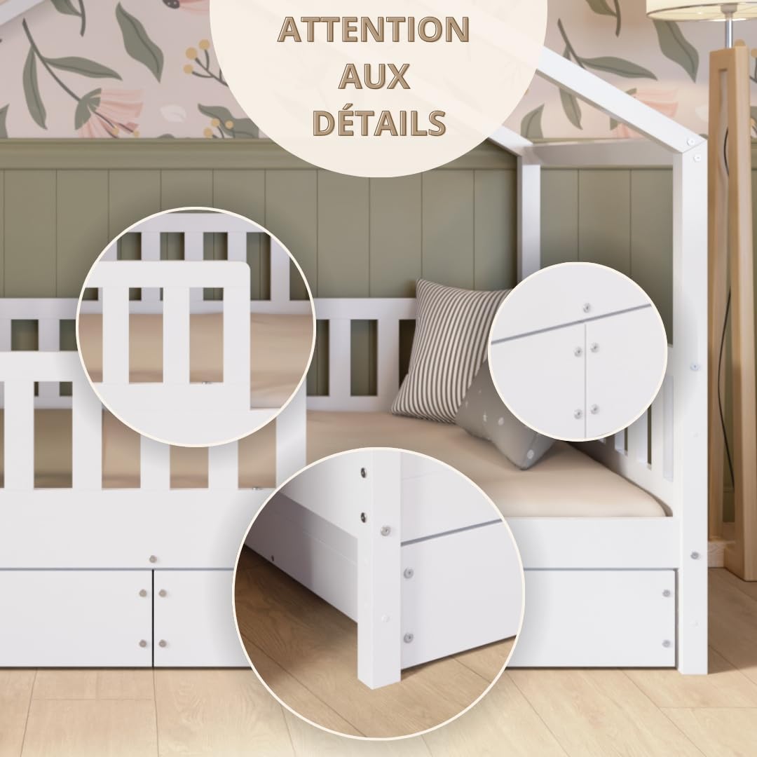 2026 Lit cabane Crazy Pine Crazy House avec tiroirs 190 x 90 cm &ndash; Lit enfant en bois naturel avec barri&egrave;re &ndash; Lit Montessori au sol avec rangement suppl&eacute;mentaire et barri&egrave;re amovible