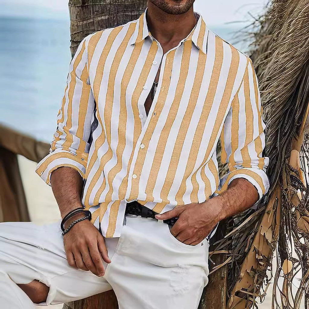 Chemise rayé manches longues en coton été décontracté respirant pour homme
