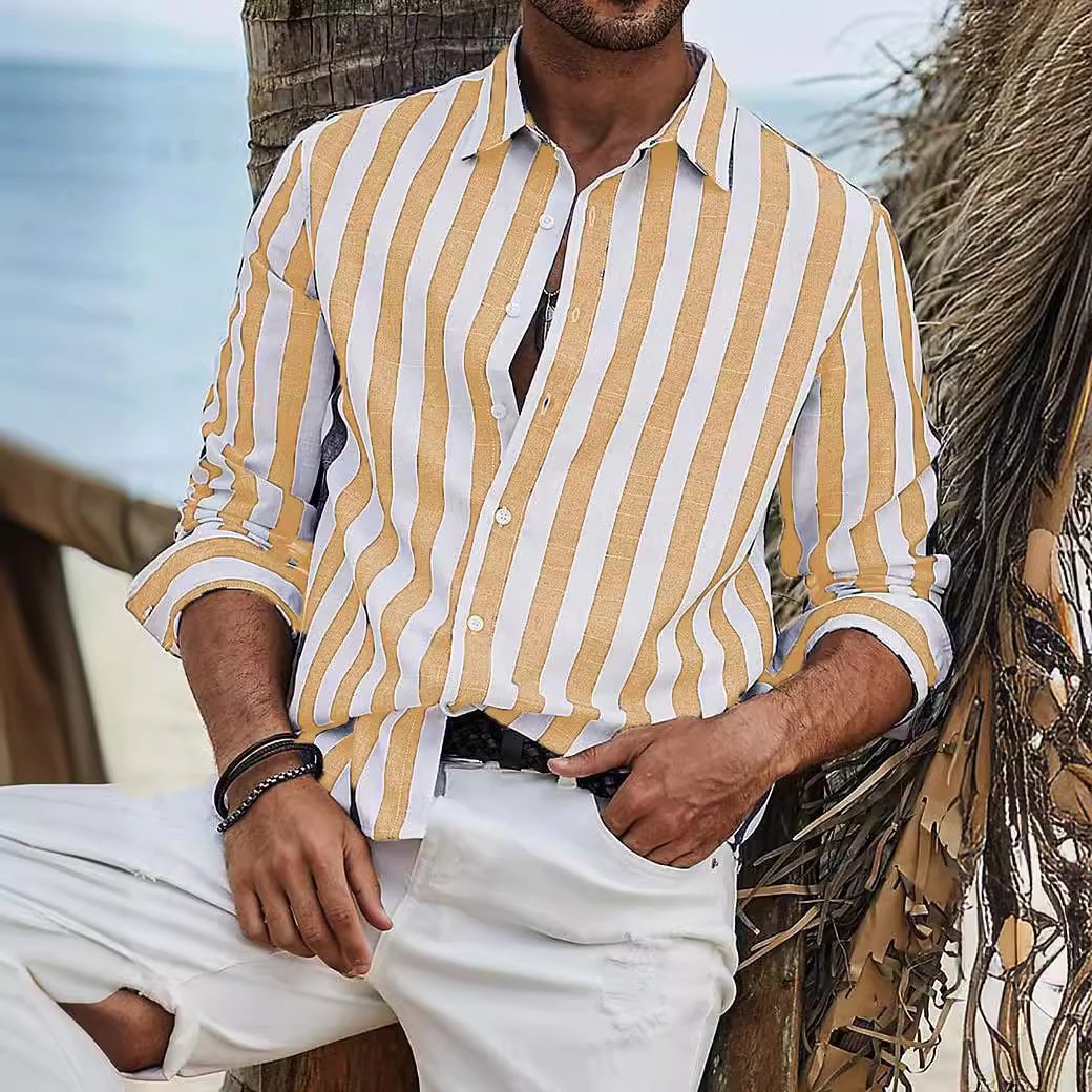 Chemise rayé manches longues en coton été décontracté respirant pour homme