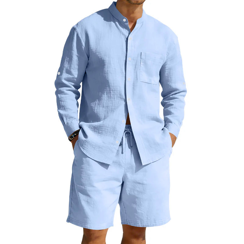 2026 Men's Casual Linen Shirt and Shorts Summer Two Piece Set