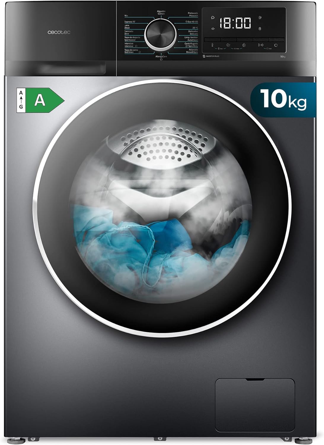 2026 Cecotec Bolero Dresscode 10500 Inverter Steel A. Lave-linge 10 kg Steel, 1400 tr/min, Moteur Inverter Plus, Vapeur, Classe A.