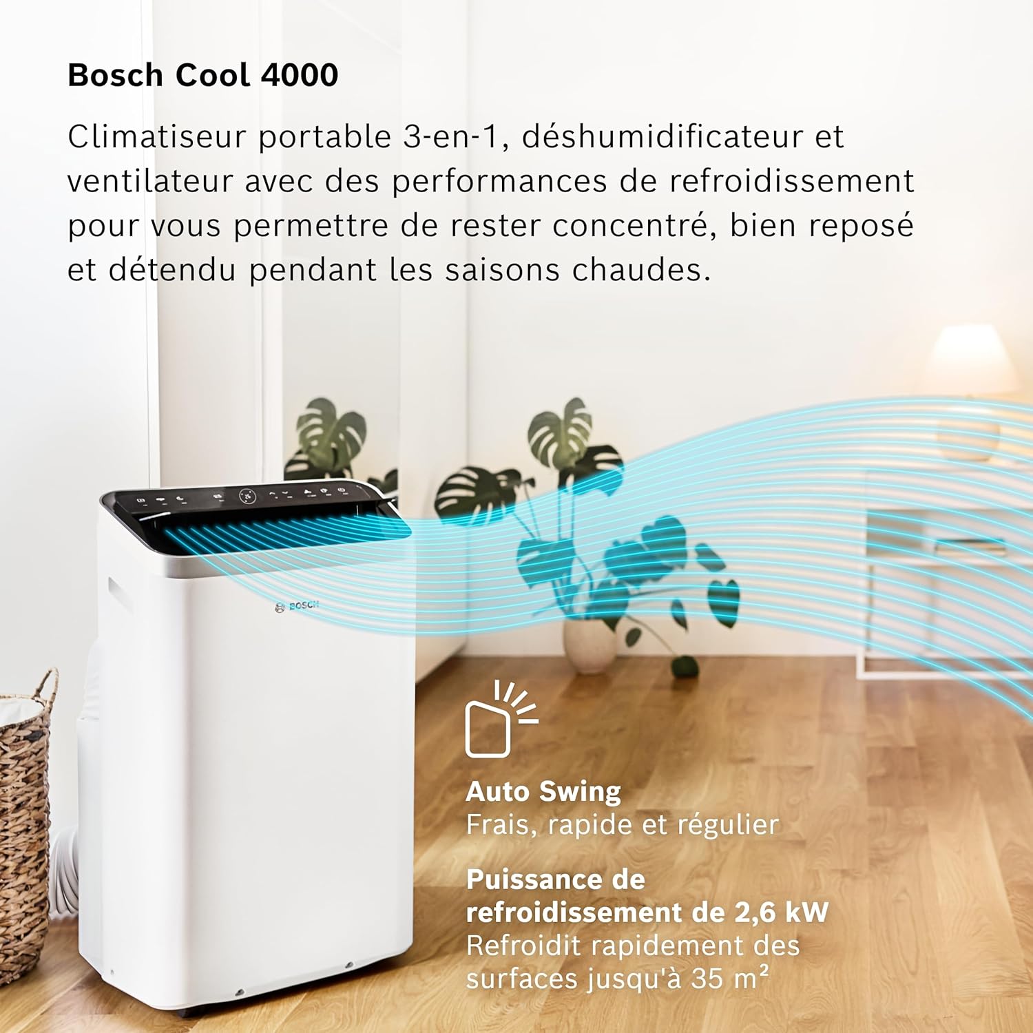 2026 Bosch Cool 4000 Portable AC - 3 en 1 : Climatiseur, Déshumidificateur, Ventilateur - 2,6 kW pour les pièces jusqu'à 35m² - Avec Mode Auto, Mode Silencieux et Mode Veille (48 db (A)) [Classe A+]