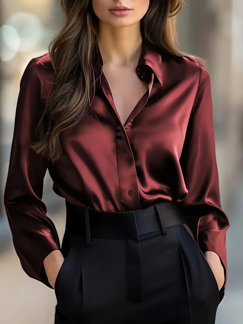 Chemisier élégant satin manches longues boutonné up brillant bureau pour femme