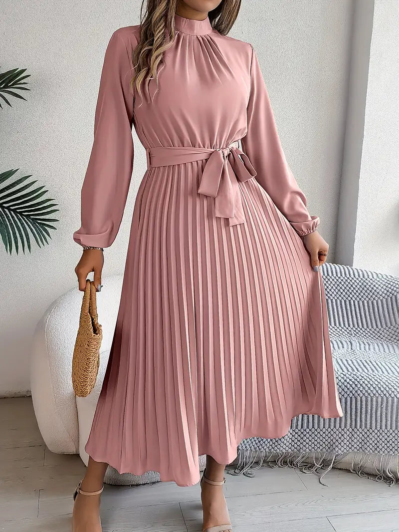 Robe haut de gamme plissé midi ceinturé manches longues pour femme