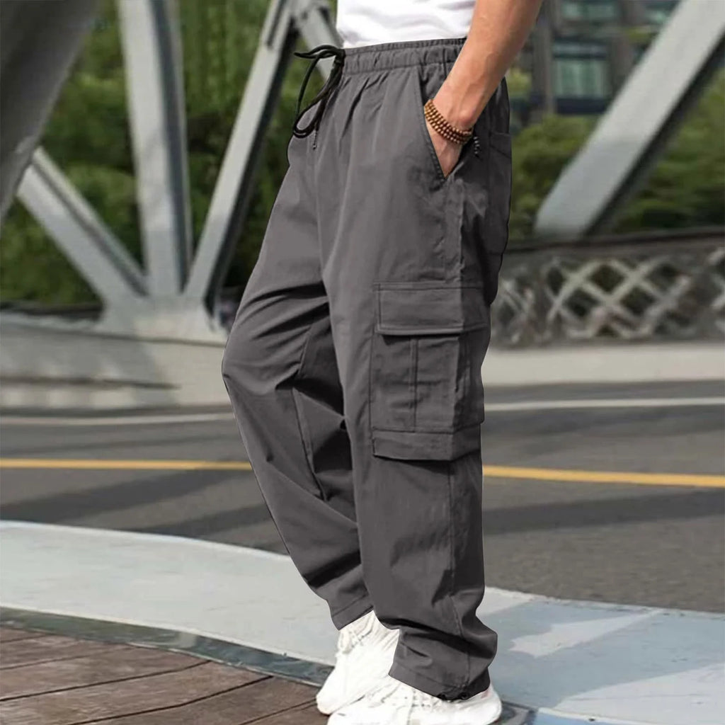 2026 Men's Casual Straight Cargo Trousers Drawstring Waist Pockets Style Everyday
