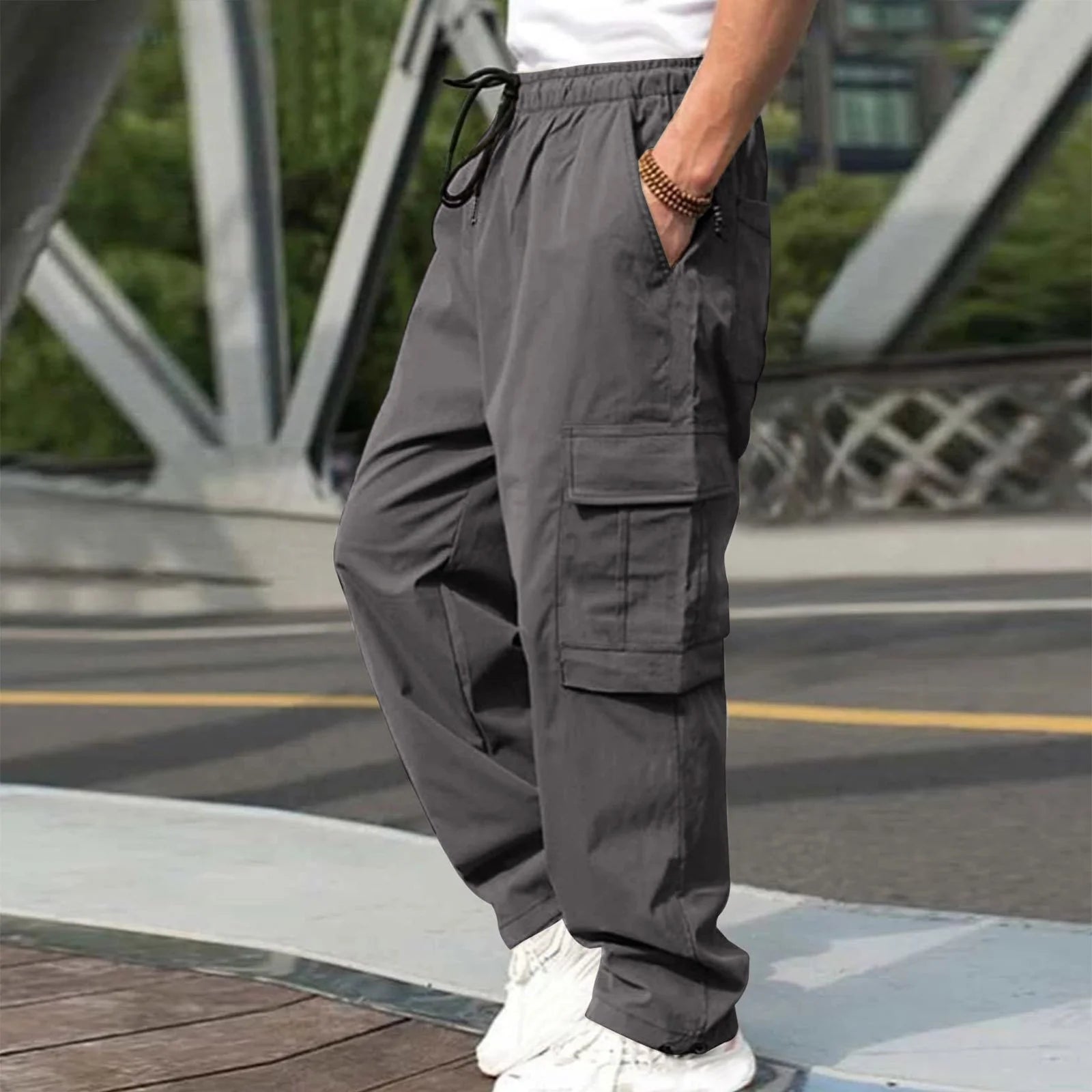 2026 Men's Casual Straight Cargo Trousers Drawstring Waist Pockets Style Everyday