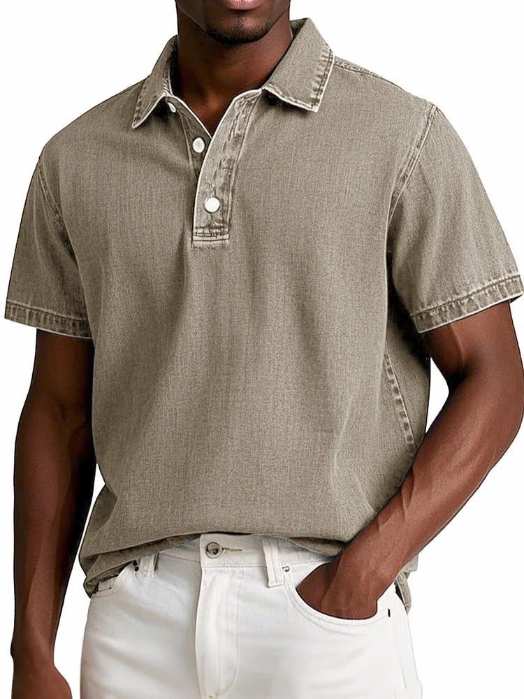 Polo couleur unie vintage manches courtes à revers décontracté pour homme
